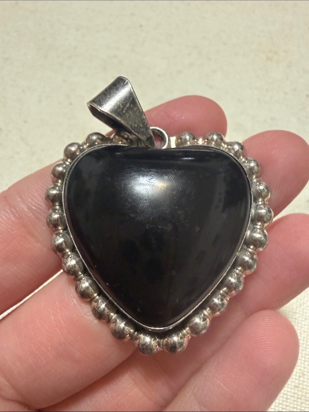 Sterling Silver 925 Mexico Heart-Shaped Black Onyx Pendant Necklace
